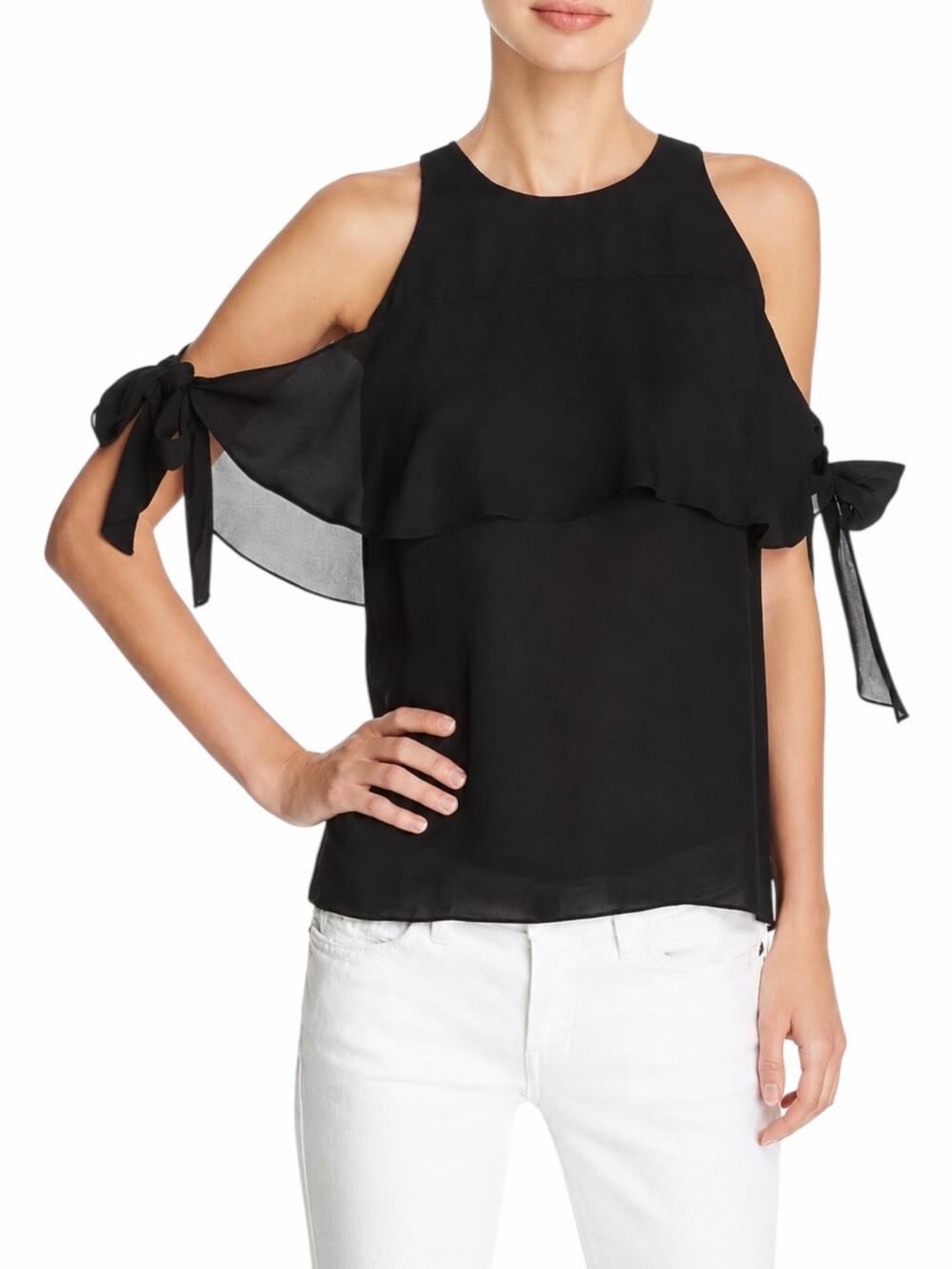 Ramy Brook Penelope Silk Cold Shoulder Tie Sleeve Top Black Size M